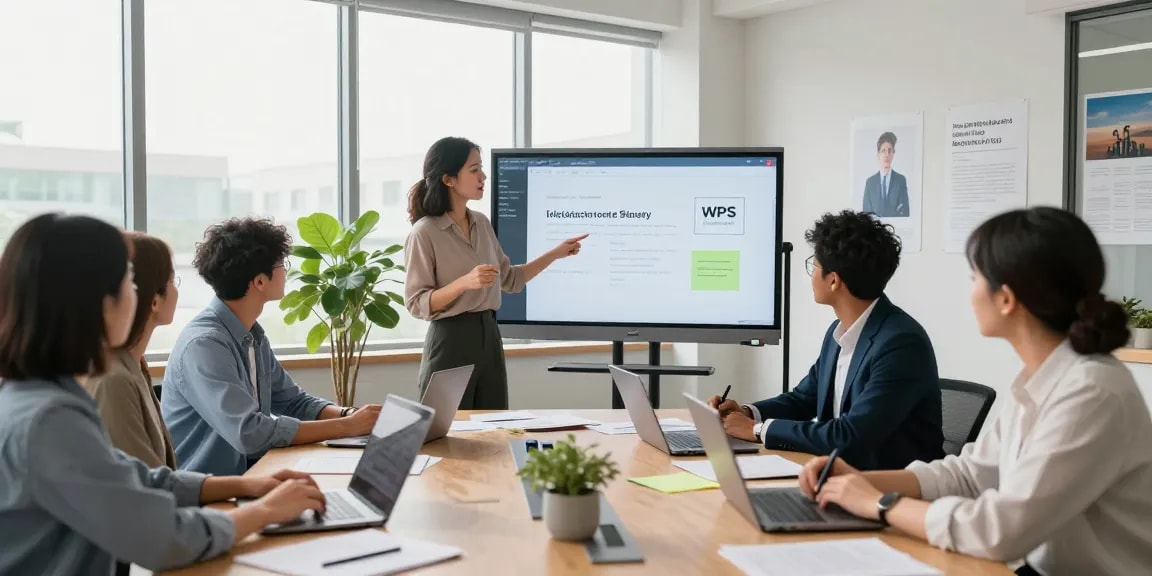 Diverse team collaborating in a modern office, utilizing tools from the WPS Official Website, showcasing teamwork and innovation.