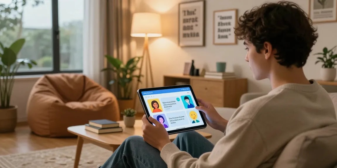 Engage in heartwarming conversations with Crush on AI in a cozy setting, showcasing a user interacting with avatars in a warm atmosphere.