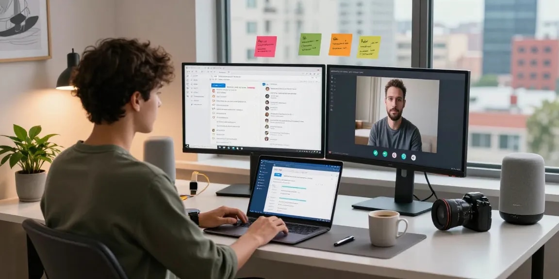 Professional using Telegram Web Version on a laptop in a modern workspace.