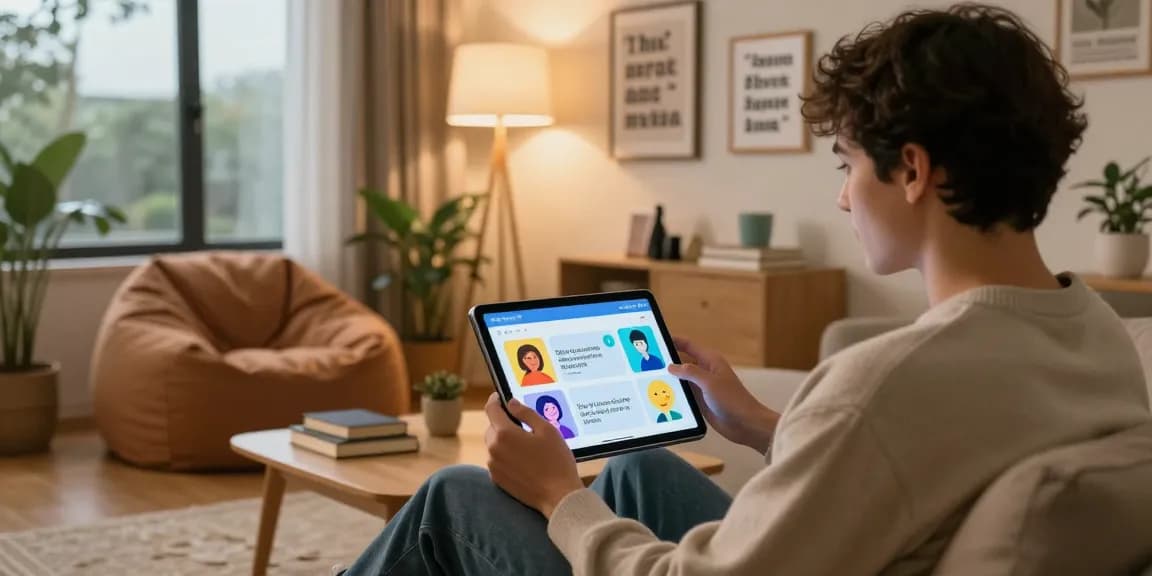 Engage in heartwarming conversations with Crush on AI in a cozy setting, showcasing a user interacting with avatars in a warm atmosphere.