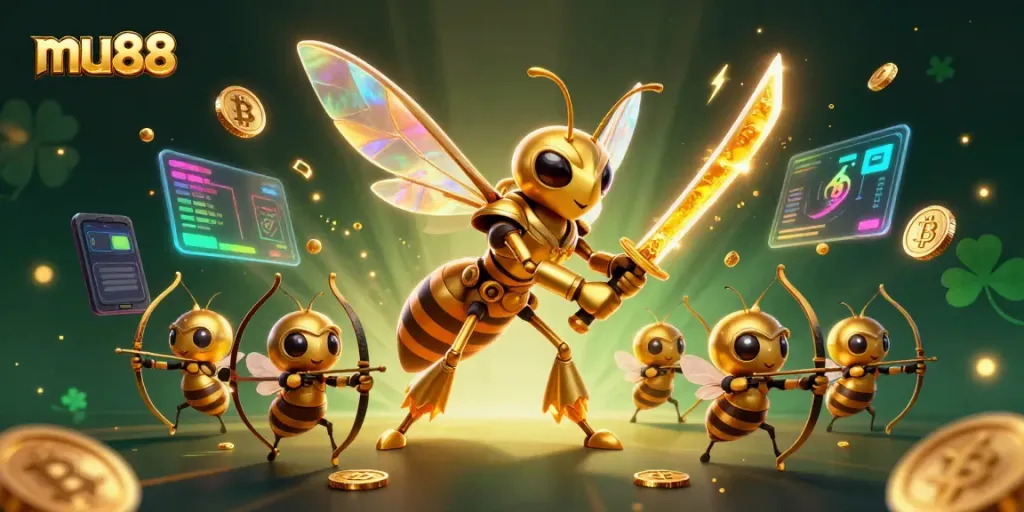 Experience thrilling gameplay with mu88 showcasing a vibrant 3D illustration of a golden hornet samurai in an action-packed casino setting.