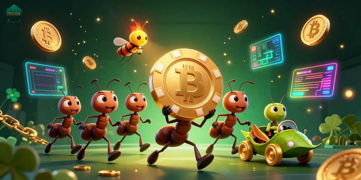 Experience mu88 excitement as cartoon ants rush to secure a gigantic poker chip in a vibrant casino heist scene.