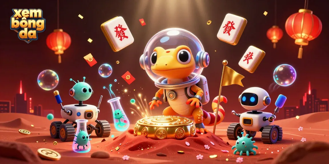 Xem bóng đá with a Martian gecko in space discovering a casino, celebrating wins with vibrant elements.